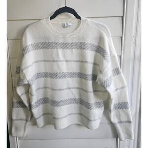 Topshop White and Grey Striped Crewneck Sweater Classic Pullover Knit Size 6